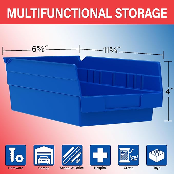 Akro-Mils 30130 Plastic Shelf Bins, Heavy Duty Storage Bins for Garage, Closet, and Drawer Organization, 12" x 6-1/2" x 4", Red, 12-Pack