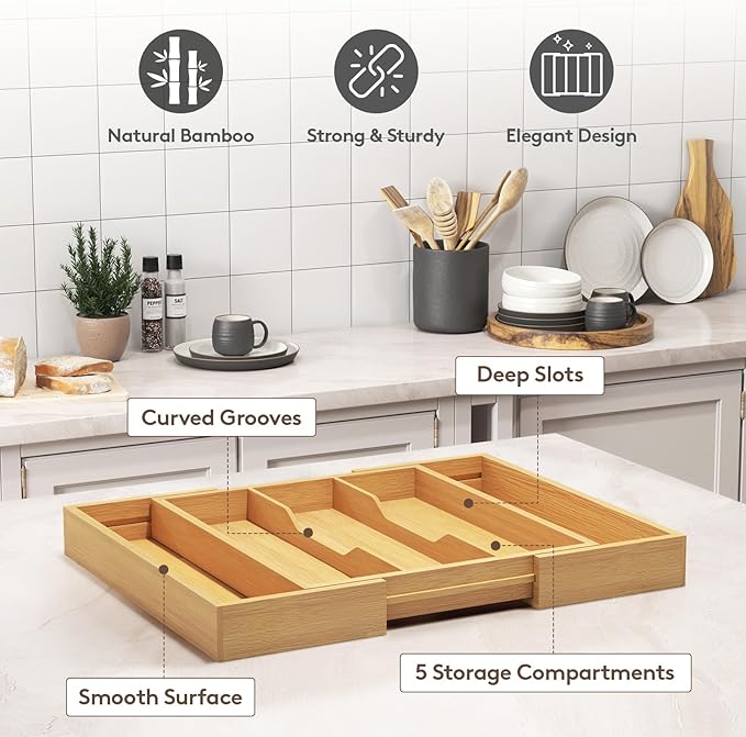 Lifewit Utensil Organizer for Kitchen Drawer,Narrow Silverware Tray for Kitchen Drawers, Bamboo Cutlery Silverware Flatware Holder