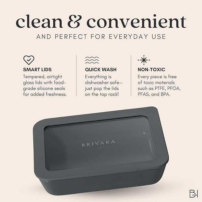 Ceramic Coated Glass Food Storage Container | No PTFE, PFOA, PFAS, and BPA | Reusable Non Toxic Meal Prep Container with Glass Lid | Easy To Store | 6 Cup Rectangle [Onyx]