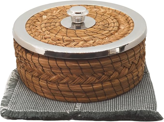 Authentic Mexican Tortilla Warmer Basket - Pine Needle Handwoven with Handloomed Cloth (7" Metal Rim w cloth)