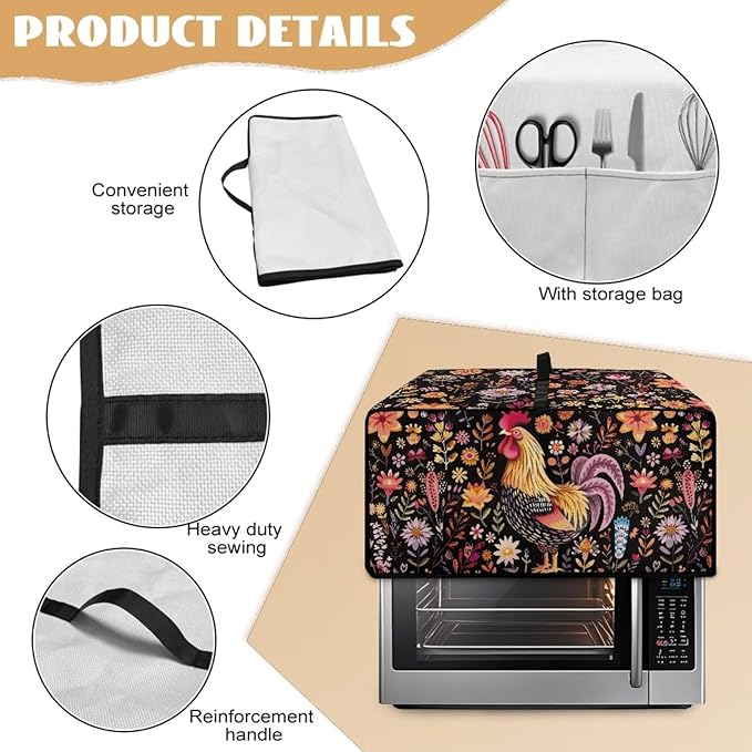 Microwave Oven Cover Air Fryer Toaster Oven Dust Cover with Accessory Pockets, Stain-resistant Small Electric Appliance Protector for Kitchen, S, Rooster Chicken Floral Black
