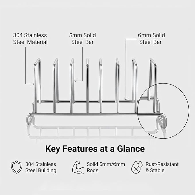 IMEEA Plate Rack 304 Stainless Steel, Vertical Dish Organizer for Cabinet & Countertop, Holds 6 Plates (8–10 Inch), 12 x 3.9 Inch Metal Dish Holder ﻿