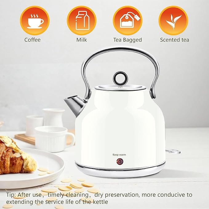 Electric Kettle – 1.7L Stainless Steel Kettle with Keep Warm Function, 1500W Fast Boil Kettle with LED Indicator, Auto Shut-off & Boil-Dry Protection Cordless Design, Rotational Base (White)