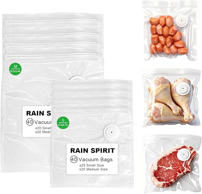 RAIN SPIRIT Reusable Vacuum Sealer Bags for Food, 40 Packs (20 Medium & 20 Small) BPA-Free Food Storage Bags, Leakproof Sous Vide Bags for Freezer, Microwave, Dishwasher Safe, Preserve Freshness