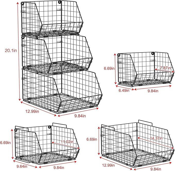 X-cosrack Stackable Wire Baskets for Counter, Fruit and Vegetable Storage, Potato and Onion Storage Bin，Kitchen Pantry Organizer - Wall Basket for Produce/Snack/Can, 3-tier Large, Black