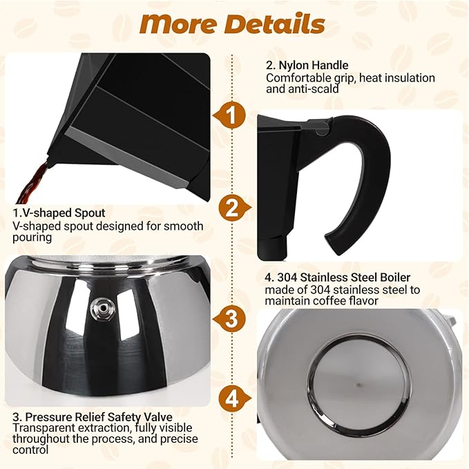 No Coating 6 Cup Aluminum and Stainless Steel Moka Pot Stovetop Espresso Maker Italian Coffee Machine 350ml 11.84oz Suitable for Gas Induction Stovetop Greca Coffee Maker Percolator Black
