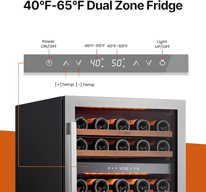 Ca'Lefort Wine Fridge & Cooler - 24 Inch 52 Bottle Wine Cooler Refrigerator, 40-65°F Dual Zone Wine Refrigerator Glass Door, 3 LED Built-in or Freestanding Fridge for Home/Bar/Kitchen (5.65 cu.ft)