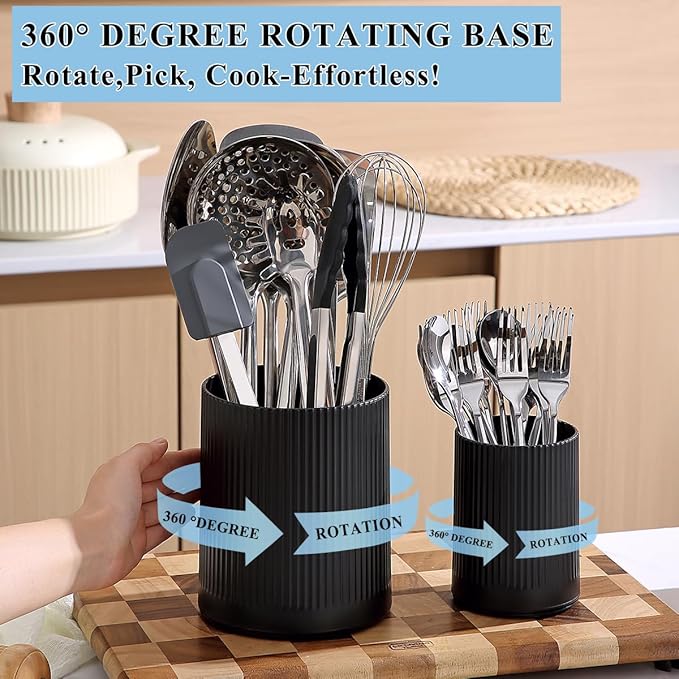 Kyraton Cooking Utensils Holder 2pcs, 360° Rotating Heavy Duty Plastic Kitchen Utensil Holder for Countertop, The Small Utensil Crock for Cutlery Silverware, Tooth Brush, Desk Pencil Pen