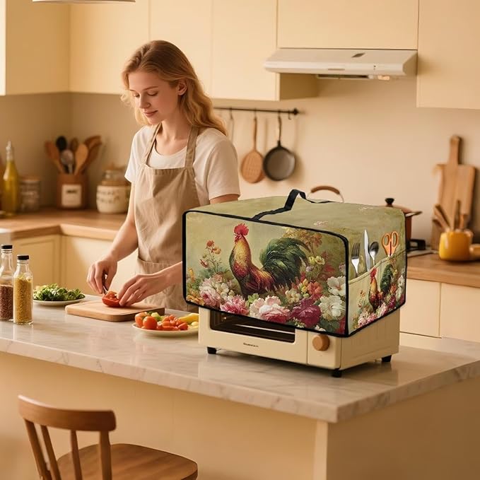 Air Fryer Toaster Oven Dust Cover Dust Protection Countertop Convection Oven Cover Stain-resistant Kitchen Appliance Protector, L, Chicken Rooster Vintage Floral