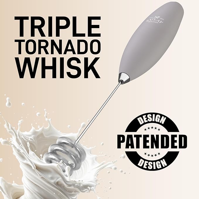 Zulay Kitchen Patented Tornado Triple Whisk Milk Frother with 4 Duracell Batteries – Handheld Foam Maker for Coffee, Lattes, Matcha & Hot Chocolate – Rich, Creamy Froth in Seconds - Steel Gray