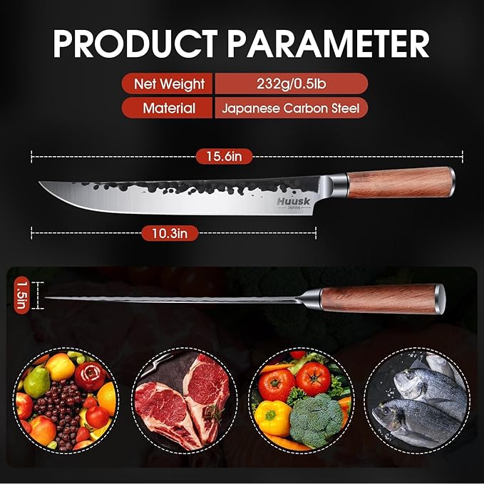 Huusk Japanese Brisket Slicing Knife - 10" Hand Forged Butcher Breaking Knife - Ultra Sharp Carving Knives for Meat BBQ Rib Roast - Grilling Gifts Idea for Men Smoker