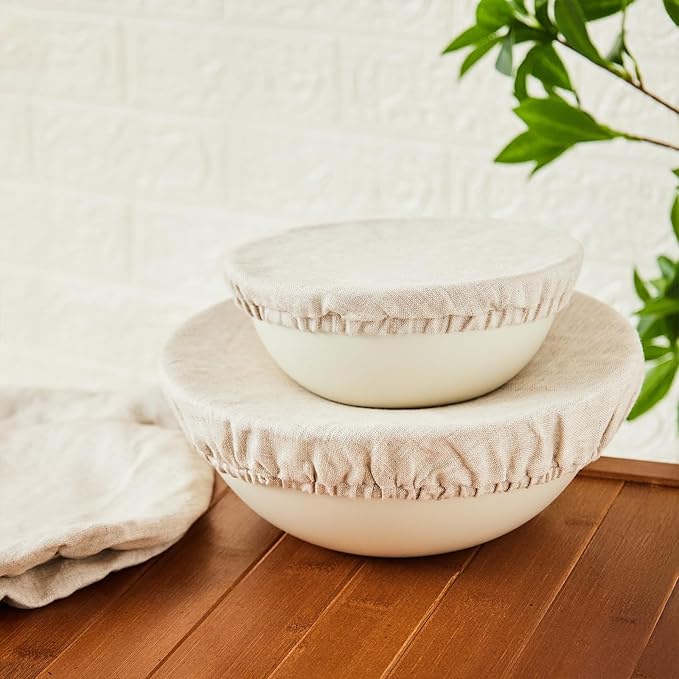 100% Pure Linen Bowl Covers For Bread Proofing, 2 Pcs 10 Inches Elastic Reusable Solid Color Cloth Fabric Bowl Covers,Medium Organic Washable Large Stretch Sourdough Lids, Linen