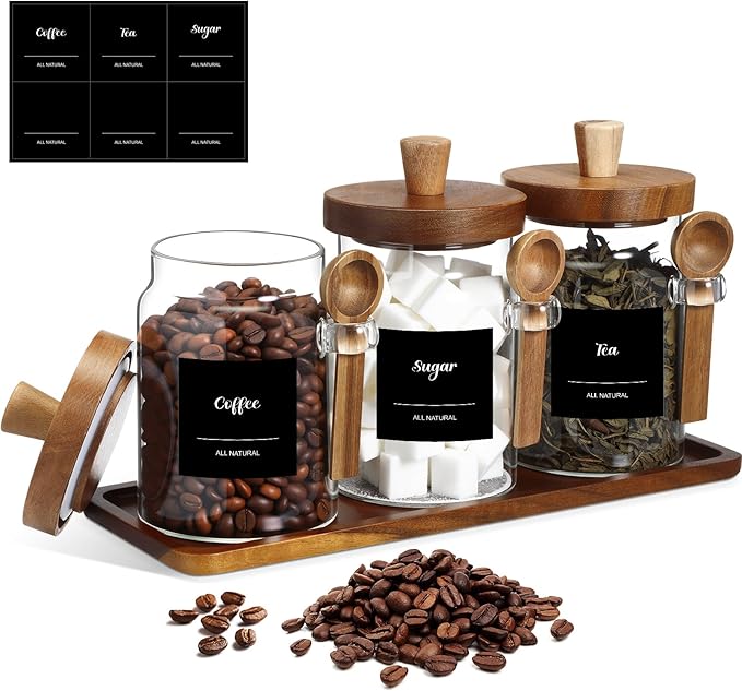 Suclain 3 Pcs Glass Coffee Container with Wooden Lid Spoon Shelf Labels Clear Airtight Jar Food Storage Canister Set for Sugar Spice Coffee Bean Holder Housewarming Gift(20 oz,Acacia Brown)
