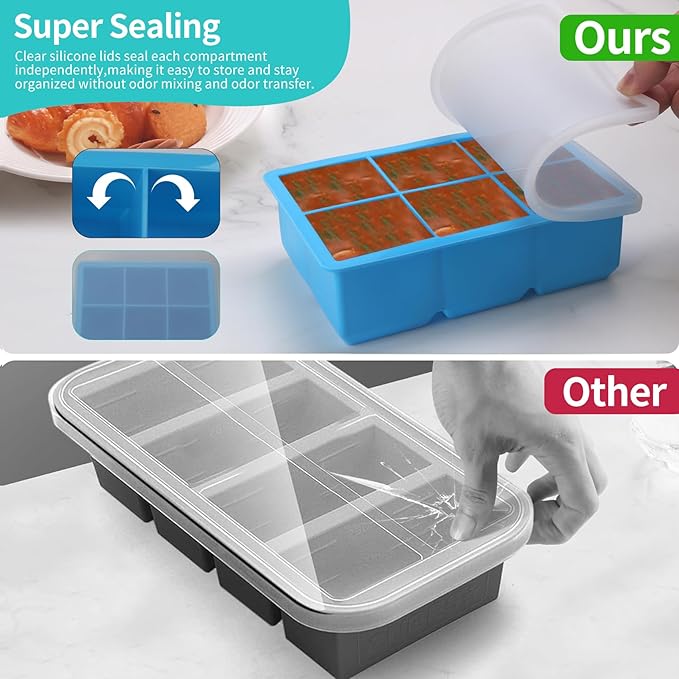 3-Pack Silicone Freezer Trays with Lid,6 Large 1/2-Cup(125ml)&15 Medium 2 Tbsp(30ml)&20 Small 1 Tbsp(15ml) Soup Freezer Container Molds,Perfect for Storing Garlic,Herbs,Pesto and More (Blue 3 Pack)