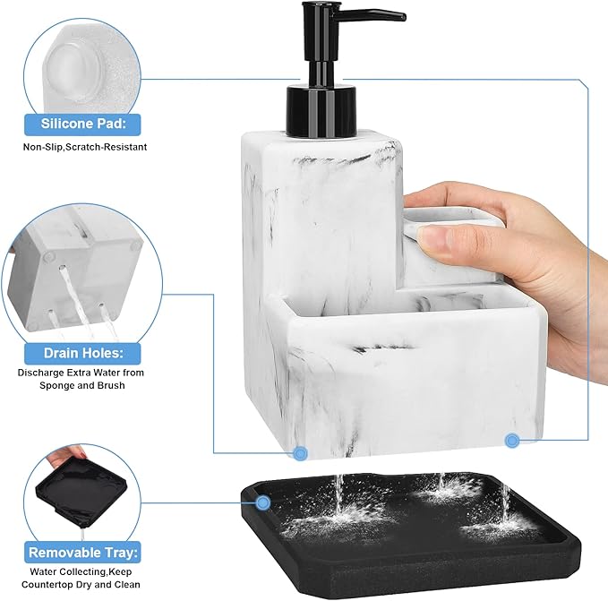 Soap Dispenser with Sponge Holder and Brush Holder,White Marble 3 in 1 Liquid Hand Dish Soap Dispenser and Sponge Holder Sink Caddy Organizer for Kitchen Bathroom,Removable Bottom Tray