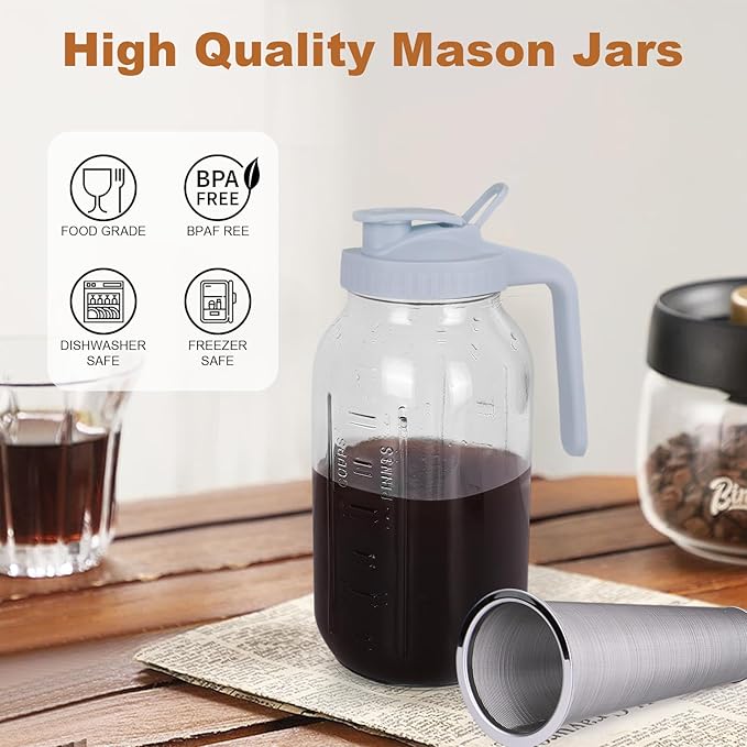 Cold Brew Coffee Maker,64 oz Mason Jar Pitcher with Stainless Steel Filter, Pour Spout Handle Lid, Heavy Duty Glass Airtight & Leak-Proof Pitcher for iced coffee Tea Lemonade-Gray