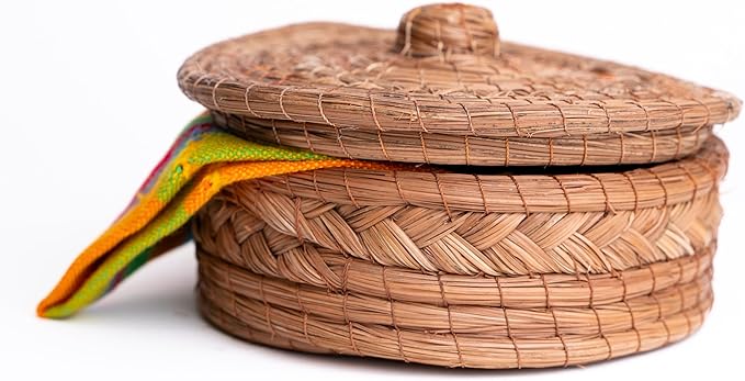 Authentic Mexican Tortilla Warmer Basket - Pine Needle Handwoven with Handloomed Cloth (Natural 10" w cloth)