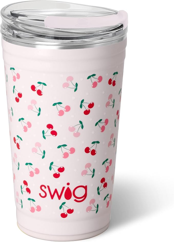 Swig Life 24oz Party Cup, Stackable Insulated Travel Coffee Tumbler with EZ Slider Lid, Cup Holder Friendly, Stainless Steel 24 oz Tumbler, Reusable Coffee Mug (Cherry Pie)