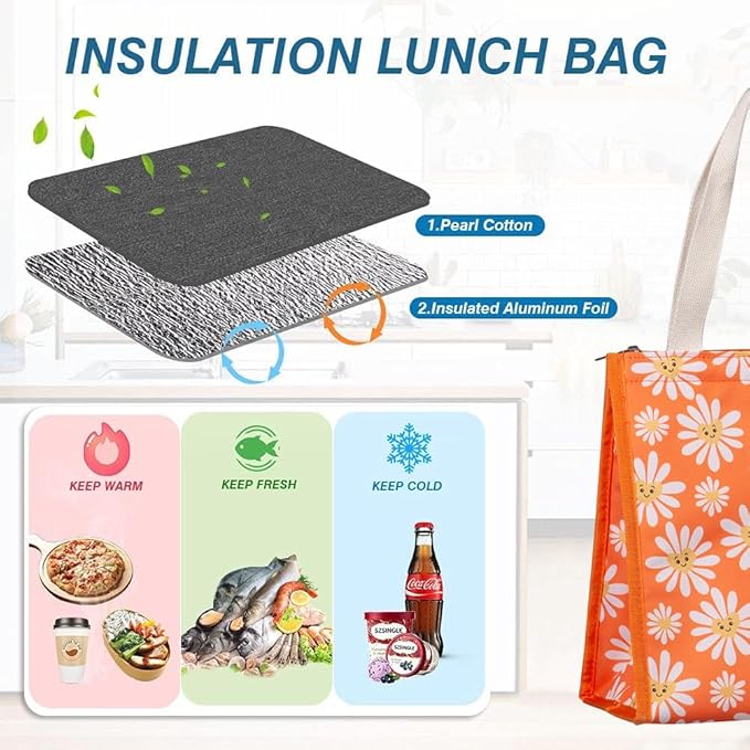 iknoe Insulated Lunch Bag for Women & Adults, 9L Foldable Wide-Open Cooler Bag with Pockets, Leakproof & Portable, for Picnic, Office, Beach(Daisy)