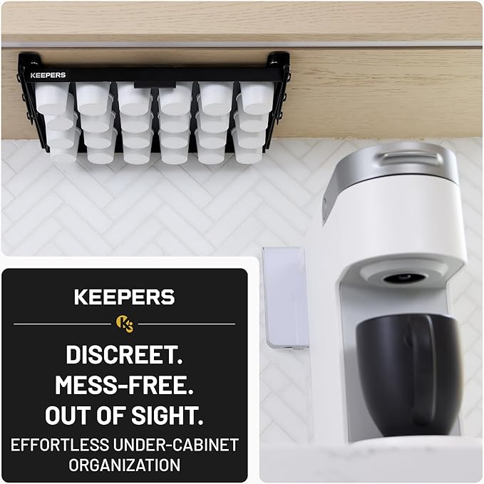 COFFEEKEEPERS KEEPERS Under Cabinet K Cup Holder with Swing-Down Access – Space-Saving Coffee Pod Holder and K Cup Organizer for 24 Pods – Steel Coffee Pod Organizer with Easy DIY Installation
