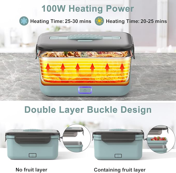 Herrfilk Electric Lunch Box Food Heater 100W, 4 in 1 Ultra Quick Heated Lunch Boxes for Adults 12V/24V/110V/220V Portable Food Warmer for Car/Truck/Office With Fork Spoon and Insulated Carry Bag