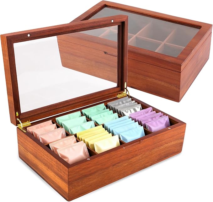 LANNEY Tea Bag Organizer - Acacia Wooden Tea Box Organizer Storage Box, Bag Holder Container with 8 Removable Compartments, Clear Window and Magnetic Lid for Coffee Sugar Countertop Kitchen Cabinet