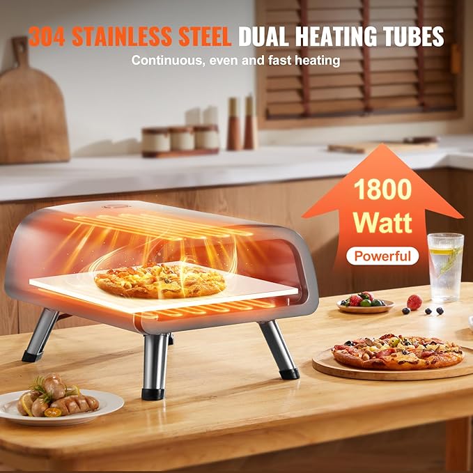 VEVOR 12" Electric Pizza Oven Countertop, Stainless Steel Pizza Maker Machine with Pizza Stone and Spatula, Heats up to 850°F, Multipurpose Indoor & Outdoor Pizza Cooker for Restaurant Home Camping