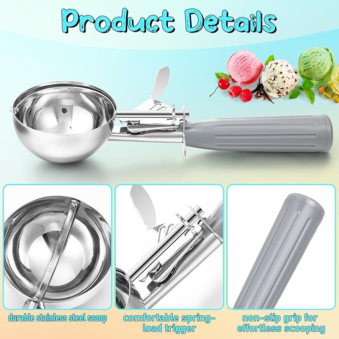 Reallnaive 3 Pcs Release Cookie Scoops Ice Cream Scooper with Trigger Release Portion Scoop Stainless Steel for Portion Control, Baking Food, Cookie Dough (4 Oz+2 Oz+1 oz,Gray,Blue,Purple)