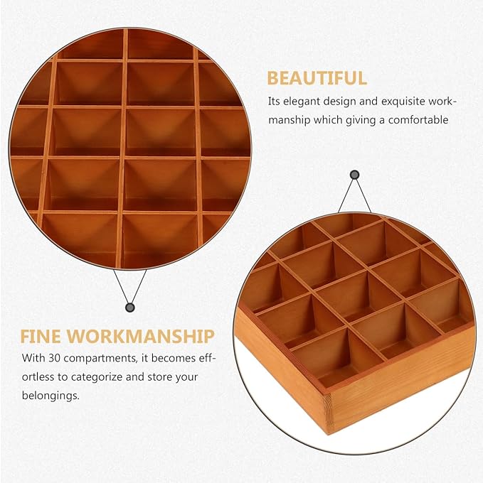 ULTECHNOVO Wooden Sorting Tray Grid Display Wood Divided Organizer Brown Finished Section Box (30 Compartments,15. 72x13. 17x1. 97 Inch Each Tray)