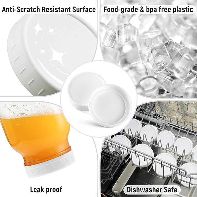 AOZITA 10 WIDE Mouth & 10 REGULAR Mouth Mason Jar Lids - 20 Pack Food Grade Plastic Mason Jar Caps for Ball, Kerr and More Canning Jars - Leakproof & Dishwasher Safe - White
