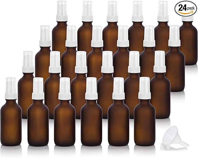 JUVITUS 2 oz / 60 ml Frosted Amber Glass Boston Round White Treatment Pump Empty Bottle Containers (24 pack) + Funnel