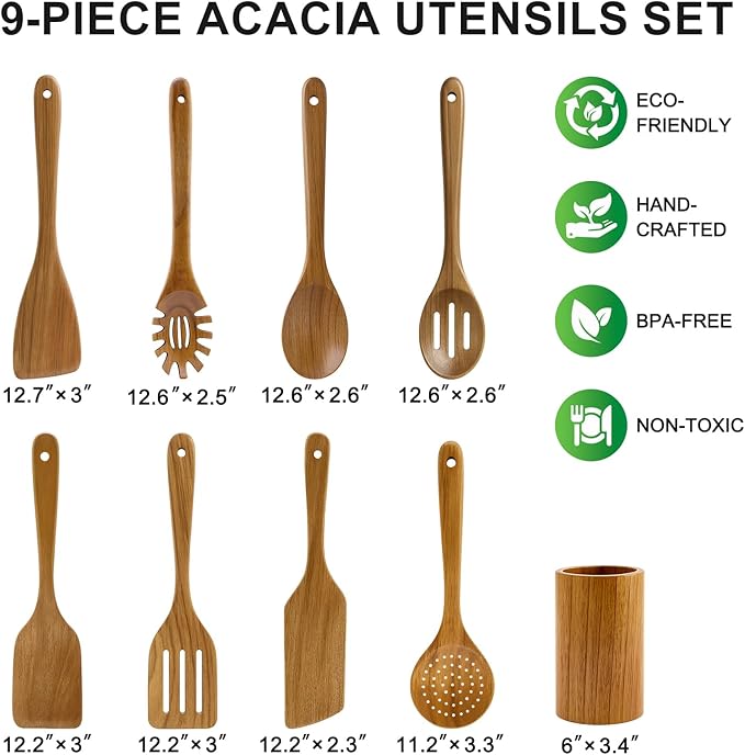 9 Pack Best Wooden Spoons Non Toxic Cooking Utensil Set with Utensils Holder Kitchen Slotted Turner Spatula Set Acacia Wood Utensils for Cooking Spoon Scraper Spurtle Bamboo Flat Egg Flipper Spatulas