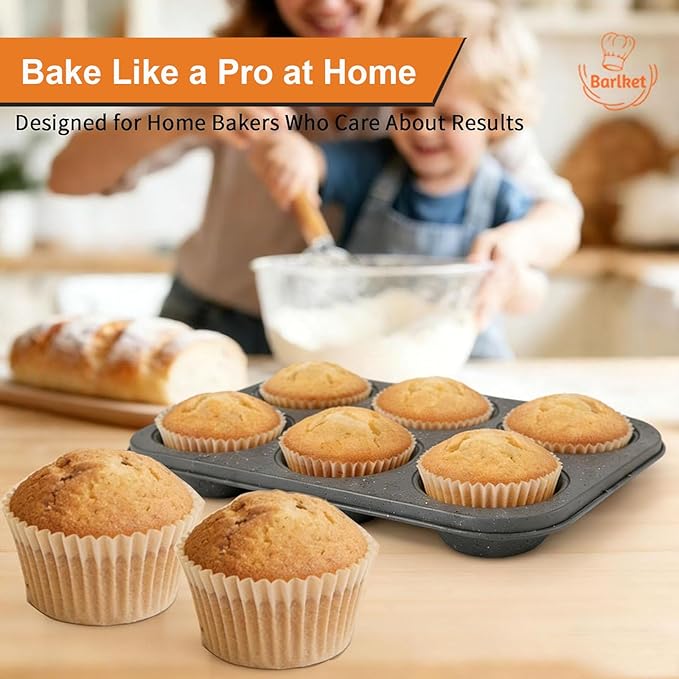 2 Pack Jumbo Muffin Pan, 6 Cup Large Cupcake Pan with Speckled Granite Coating and Paper Liners, Professional Nonstick Carbon Steel Muffin Tin for Baking Muffins Frittatas Cupcakes, Grey
