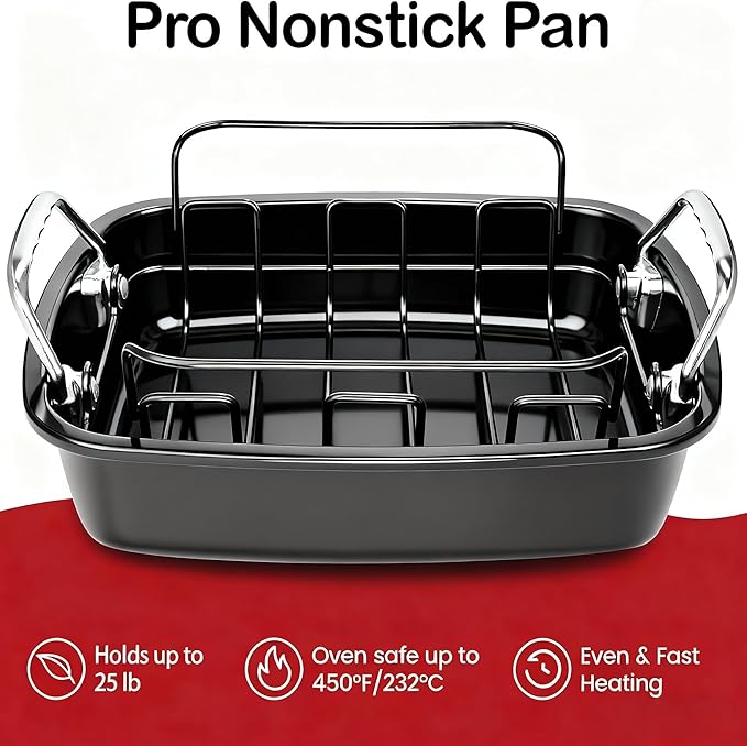 Large Nonstick Roasting Pan with Rack (17x13 Inch) -Turkey Roasting Pan with Wider Handles, Heavy Duty Construction Roaster - Easy Clean for Oven