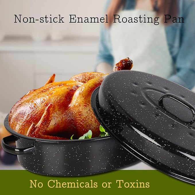 Roasting Pan 18.3 inch Roaster Pan Set Enamel Oven Roaster Pan with Lid for Turkey Chicken Cookware