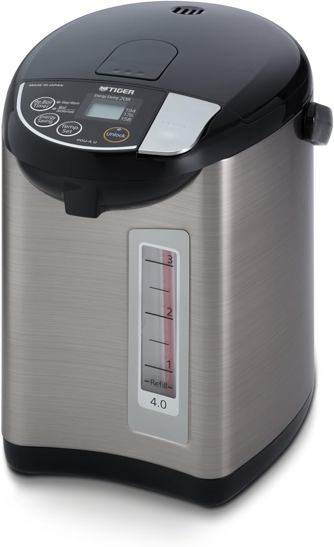 Tiger PDU-A40U-K Electric Water Boiler and Warmer, Stainless Black, 4.0-Liter & 5-Cup (Uncooked) Micom Rice Cooker with Food Steamer & Slow Cooker, Stainless Steel Black