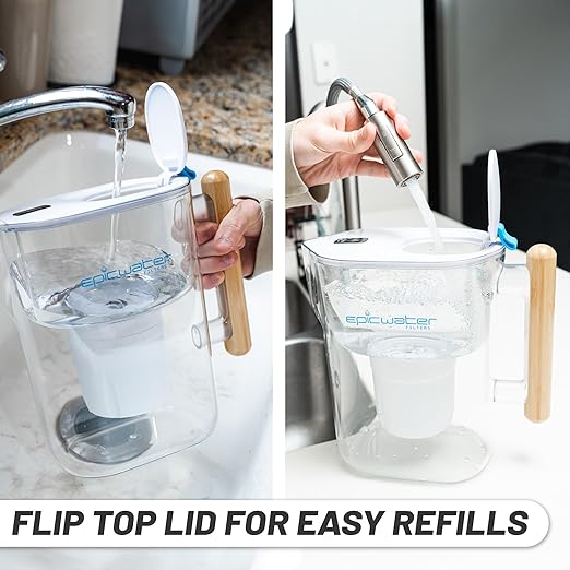 Epic Pure XP Water Filter Pitcher with Advanced CoreXchange™ Filter | NSF Certified | Removes PFAS, Lead, Chlorine & More | BPA-Free | Made in USA (White & Bamboo)