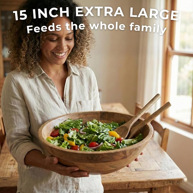 Extra Large Wooden Salad Bowl 15" with Serving Utensils - Large Wood Fruit Bowl - Oversized Mango Wood Salad Bowl for Big Family Meals , Bowl for Salad, Pasta, Popcorn - Handcrafted Wooden Salad Set