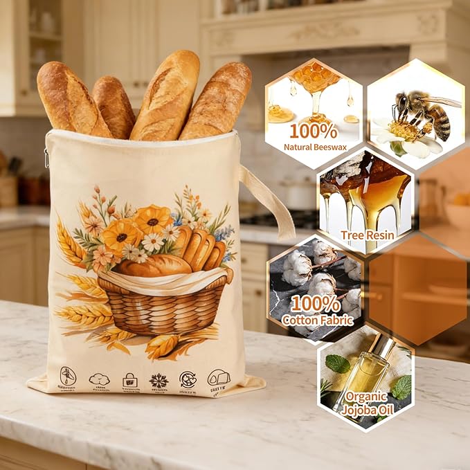 Reusable Bread Bags for Homemade Bread 2 Pack, L-shaped Zipper Beeswax Bread Bag for Easy Access, Exquisite Floral Print, Freezer Safe Breathable Cotton Beeswax Bread Bags for Sourdough