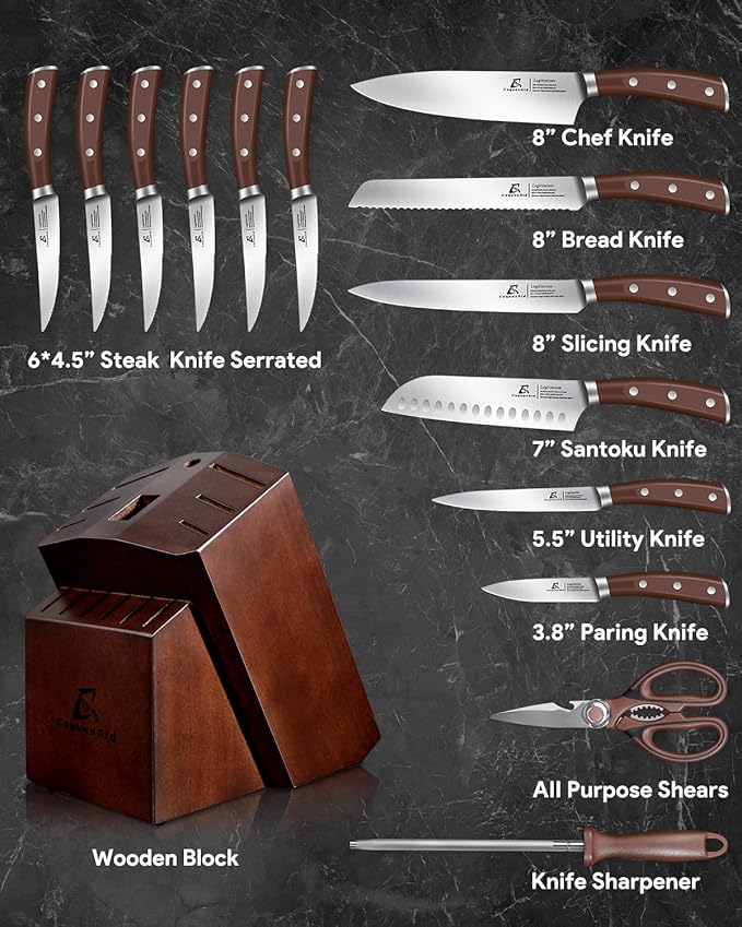 Knife Set, New 15° Beveled Easy Insert, 15 Pcs Kitchen Knife Block Set with Block and Sharpener, German Vacuum Oil Cooled Crafted, Countertop-Free Steak Knife Set, Stainless Steel Brown