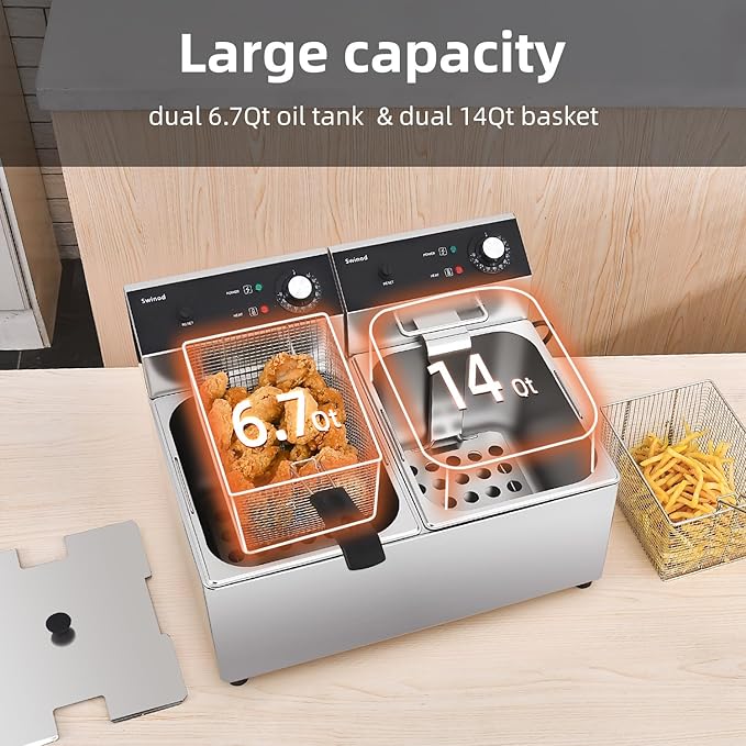 Commercial Deep Fryer with Basket, 3400w 28Qt Dual Tank 0.6mm Thickened Stainless Steel Countertop Electric Fryer for Home and Commercial Use, Oil Fryer with Double Overheat Protection
