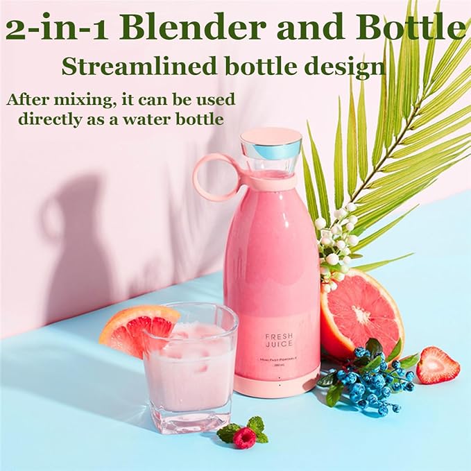 Upgraded Fresh Juice Blender Bottle Portable, Juicer Portable Blender Shake, 380ML USB/Magnetic Charging for Shakes and Smoothies, with Travel Cup and Lid (Pink,USB charging)
