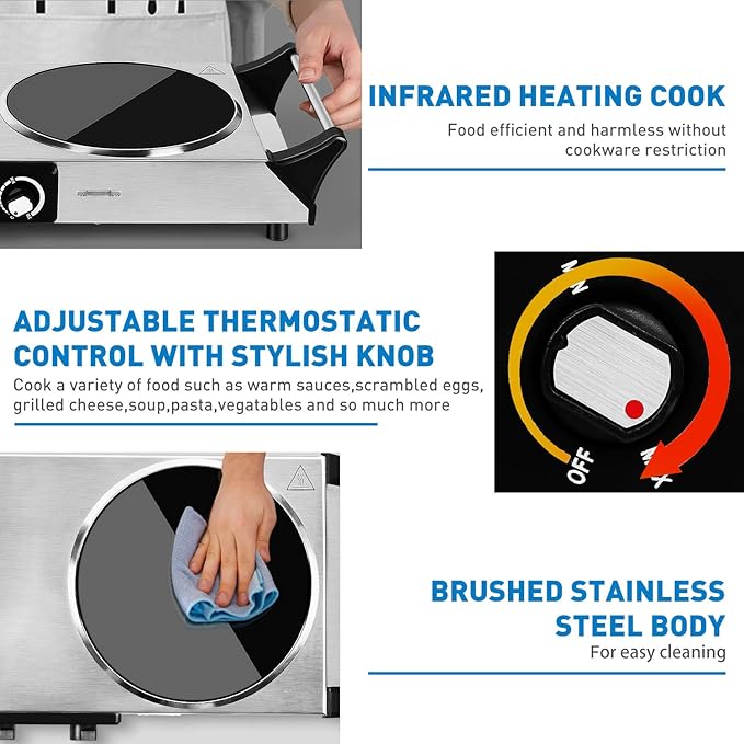 Techwood Electric Stove, Double Infrared Ceramic Hot Plates for Cooking, Two Control Cooktop Burner, Portable Anti-scald handles Suitable for Office/Home/Camp Use, 1800W Compatible for All Cookwares