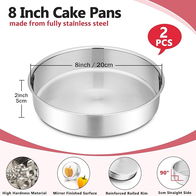 P&P CHEF 8 Inch Cake Pan Set of 2, Stainless Steel Round Baking Layer Cake Pans, Non Toxic & Healthy, Leak-proof & Easy Clean, Mirror Finish & Easy Releasing, Oven & Dishwasher Safe