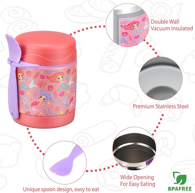 10oz Soup Thermo for Hot Food Kids,Lunch Thermo Kids Food Jar with Spoon Hot Insulated Food Containers,Leak Proof Stainless Steel Wide Mouth Lunch Thermo Jar for School(Pink-Mermaid)