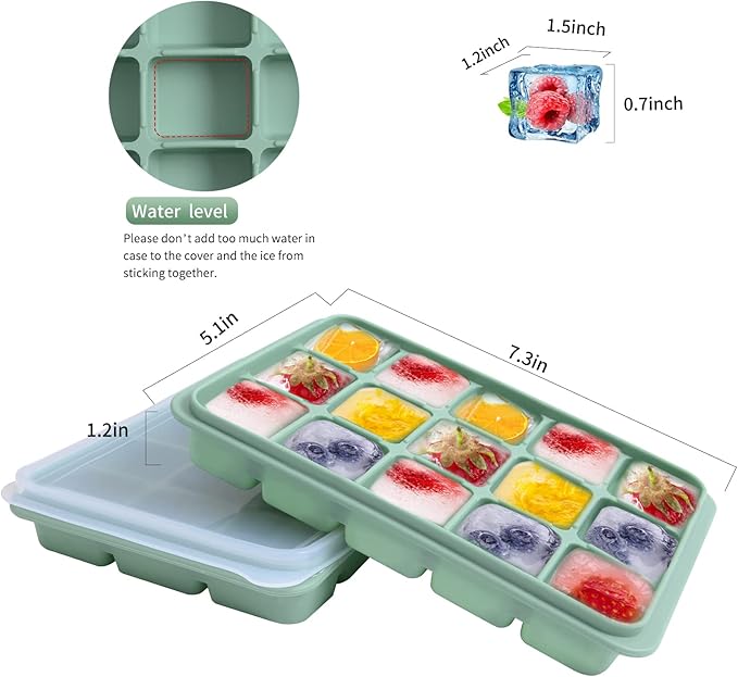 Ice Cube Trays Set of 4 (Green & Gray) - 15 Flexible Silicone Molds with Removable Lids, Easy Release, Stackable, BPA-Free for Whiskey and Baby Food