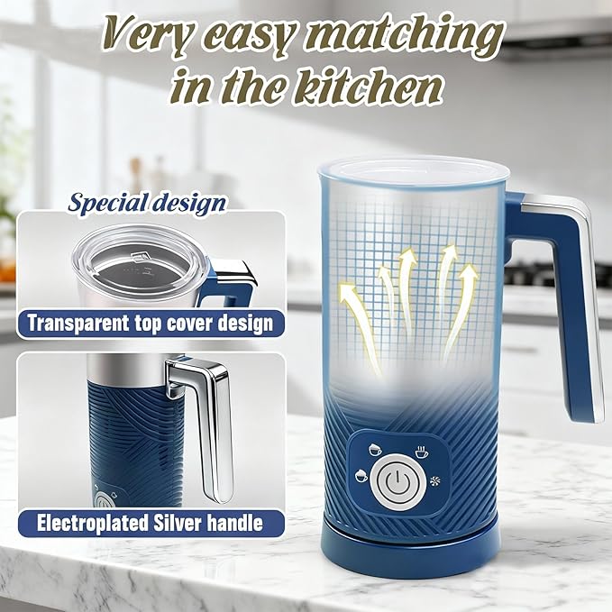 Electric Milk Frother and Steamer, 4-in-1 Milk Steamer with Wood Elements Design, Automatic Hot & Cold Foam Maker for Latte, Cappuccinos, Macchiato, Milk Warmer (blue)