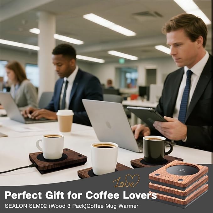 SEALON SLM02 Electric Coffee Mug Warmer (Wood, 3-Pack) - 3-Temperature Desk Cup Warmer with Auto Shut-Off (4 Hours) for Heating Coffee, Tea, Milk & Beverages