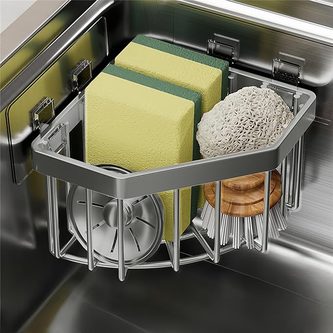 Wall Mounted Sink Caddy Organizer, Carbon Steel Kitchen Sponge Holder with 2 Adhesive Hooks, Triangular Drain Rack, 5.27x5.27x3.54 Inch (Grey)