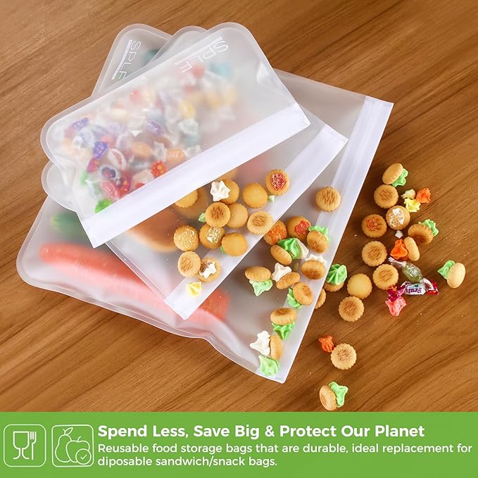 SPLF 6 Pack Dishwasher Safe Reusable Gallon Freezer Bags, BPA FREE Extra Thick Reusable Storage Bags Leakproof Silicone and Plastic Free for Marinate Meats, Cereal, Sandwich, Snack, Travel Items